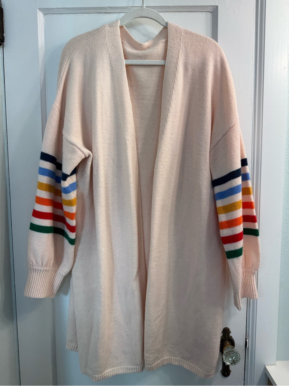 Open-Front Blush Pink Long Cardigan with Rainbow Stripe Balloon Sleeves XXL